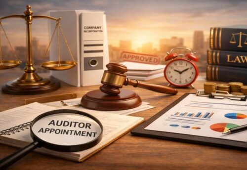 A judge's gavel, scales of justice, legal books, charts, a clock, and First Auditor Appointment documents arranged on a desk, symbolizing legal and financial proceedings.