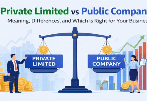 Private Limited vs Public Company comparison showing key differences in ownership, compliance, and structure