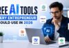 Entrepreneurs using free AI tools on a laptop to grow their business