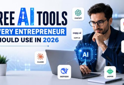 Entrepreneurs using free AI tools on a laptop to grow their business