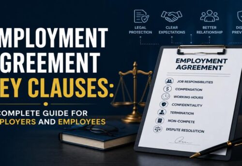 employment agreement contract document highlighting key legal clauses like termination and non-compete.