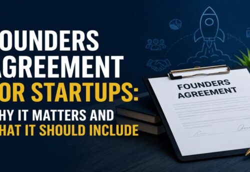 A digital checklist graphic summarizing the critical clauses of a Founders Agreement for a new business.