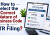 A visual flowchart showing how to select the correct Nature of Business Code during ITR filing on the income tax portal.