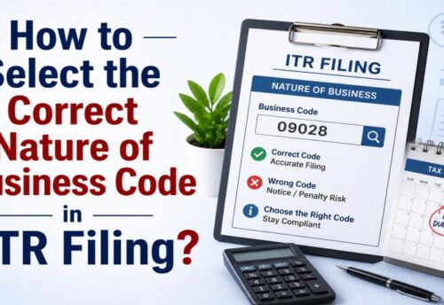 A visual flowchart showing how to select the correct Nature of Business Code during ITR filing on the income tax portal.