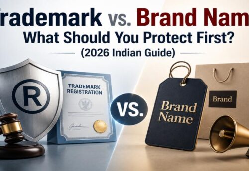 Graphical comparison showing the difference between a trademark vs. brand name under Indian intellectual property laws.