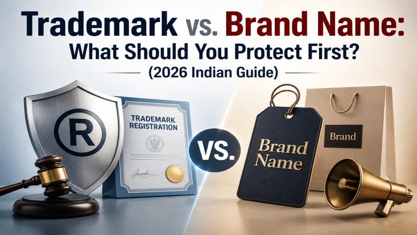 Graphical comparison showing the difference between a trademark vs. brand name under Indian intellectual property laws.