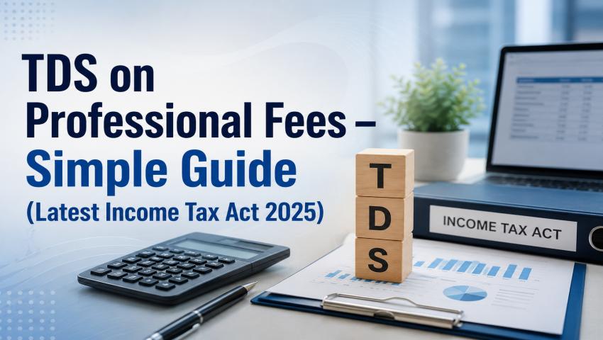 Infographic breakdown of TDS on Professional Fees showing tax deduction rates, threshold limits, and section details under the Income Tax Act.