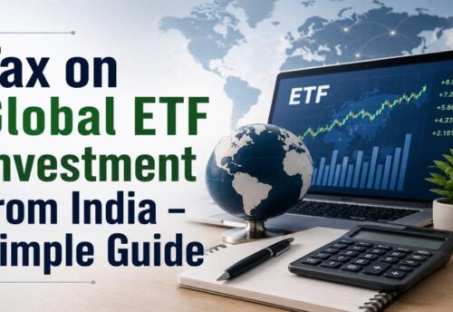 Infographic explaining tax on global ETF investments from India showing TCS and capital gains tax slabs.