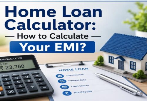 Home Loan Calculator tool concept showing financial plan, EMI calculation graph, and house model for My Finance Gyan